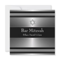 Black Silver Star of David Bar Mitzvah Personalized Announcements