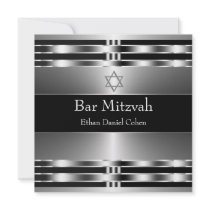 Black Silver Star of David Bar Mitzvah Personalized Announcement