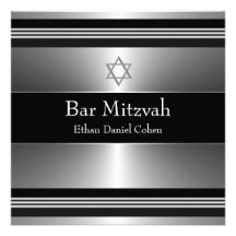 Black Silver Star of David Bar Mitzvah Personalized Announcements