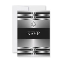 Black Silver Star of David Bar Mitzvah RSVP Custom Invitations