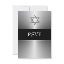 Black Silver Star of David Bar Mitzvah RSVP Custom Invitations