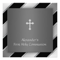 Black Silver Stripe Boy First Communion invitations
