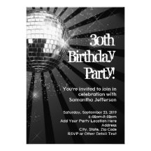 Black Sparkle Disco Ball 30th Birthday Party Personalized Announcements