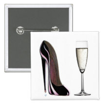 Black Stiletto Shoe and Champagne Glass Pinback Buttons