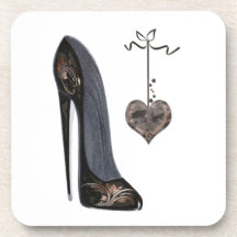 Black Stiletto Shoe and Heart Drink Coaster