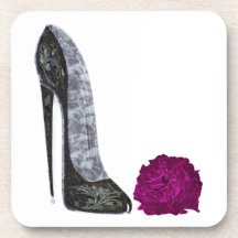 Black stiletto shoe and red rose art drink coaster