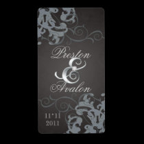 Black Swirl Silver Jewelled Wedding Wine Label labels