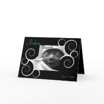 Black Swirl with Blue Text Birth Announcement