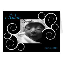 Black Swirl with Blue Text Birth Announcement Card