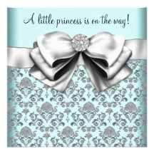 Black Teal Blue Damask Princess Baby Shower Personalized Invitations