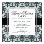 Black Teal Blue Damask Sweet 16 Party Invitations