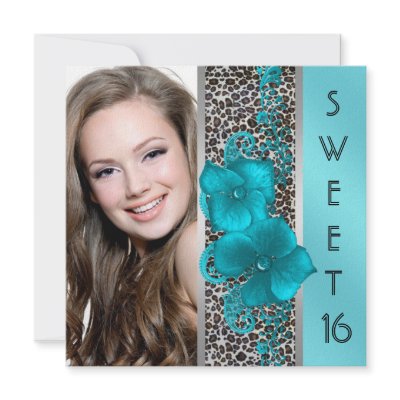 Black Teal Blue Leopard Photo Sweet 16 Birthday Personalized Invite by Pure_Elegance