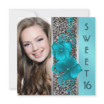 Black Teal Blue Leopard Photo Sweet 16 Birthday invitations