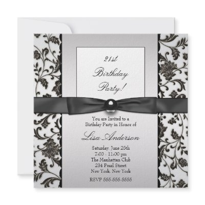 Black Tie Damask Womans 21st Birthday Party Personalized Announcements by InvitationCentral