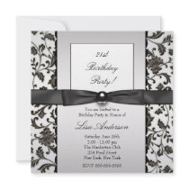 Black Tie Damask Womans 21st Birthday Party Personalized Announcements