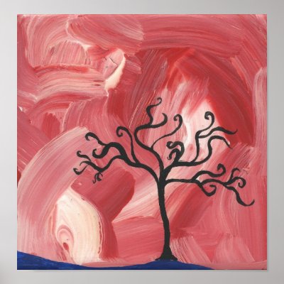 black tree minimalist painting abstract red white print by Halima_Ahkdar