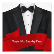 Black Tuxedo Mans Black Red 40th Birthday Party Custom Invitation