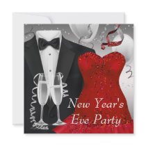 Black Tuxedo Red Dress New Years Eve Party Personalized Invite