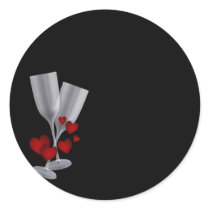 Black w/Champagne Glasses Red Hearts Round Sticker