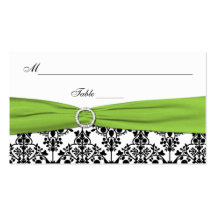 Black, White, and Chartreuse Damask Placecards Business Card Template