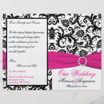 Black, White, and Fuchsia Damask Wedding Program Personalized Flyer