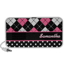 Black White and Pink Argyle Polka Dot Custom Name Mp3 Speakers