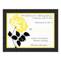 Black, White and Yellow Peony on Linen Reply Card Announcement