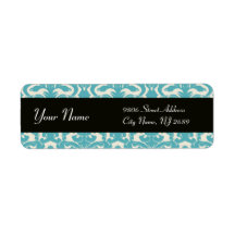 BLACK WHITE AQUA BLUE TEAL DAMASK CUSTOM RETURN ADDRESS LABEL
