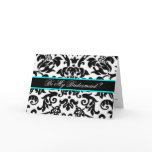 black white & aqua Damask be my bridemaid Cards