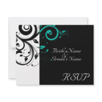 Black +White Aqua Swirl Wedding Matching RSVP Personalized Announcement