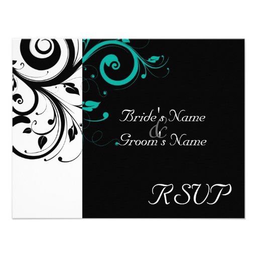 Black +White Aqua Swirl Wedding Matching RSVP Personalized Announcement