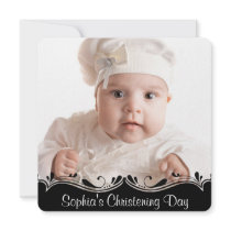 Black White Baby Photo Christening Custom Invitations