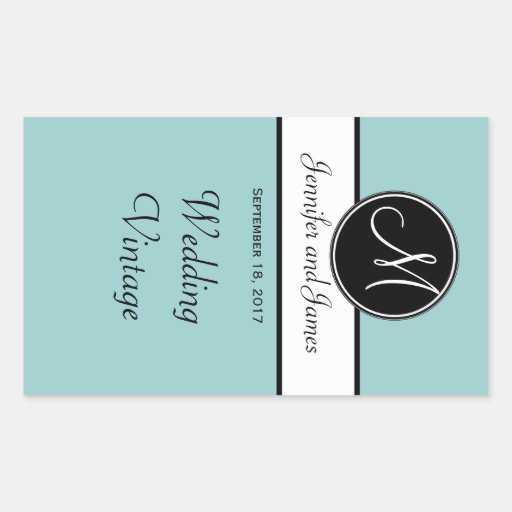 Black White Blue Monogram Wedding Wine Label Sticker