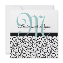 Black White Blue Swirl Damask Wedding Template Announcement