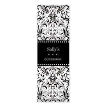 Black & White Damask Bookmark w/ Platinum Heart. Business Card Templates