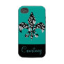 Black & White Damask Fleur de Lis with Blue Tough Iphone 4 Cases