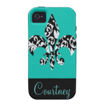 Black & White Damask Fleur de Lis with Blue iPhone 4/4S Cases