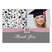 Black white damask monogram Graduation Photo Card