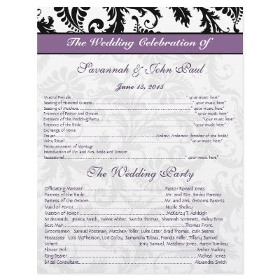 Black & White Damask Purple Band Wedding Program by samack