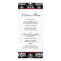 Black & White Damask Red Accent Slim Dinner Menu Rack Cards