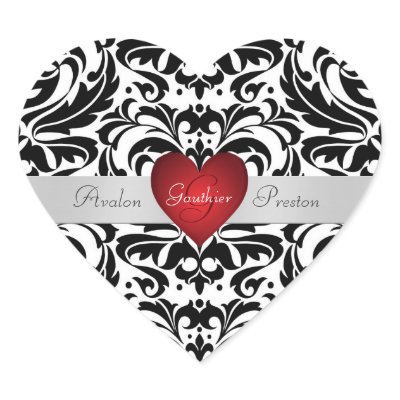Black & White Damask Red Heart Wedding Sticker by theedgeweddings