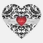 Black & White Damask Red Heart Wedding Sticker