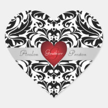 Black & White Damask Red Heart Wedding Sticker