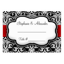 Black/White Damask Red Ribbon Business Card Template