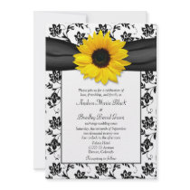 Black White Damask Sunflower Wedding Invitation