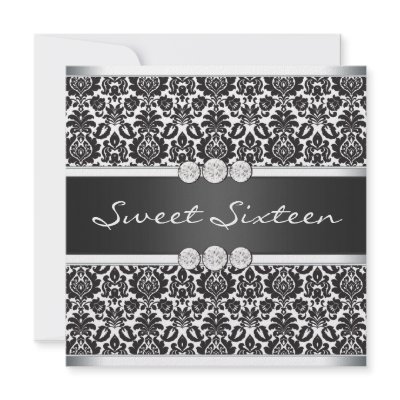 Black White Damask Sweet 16 Party Invite by InvitationCentral