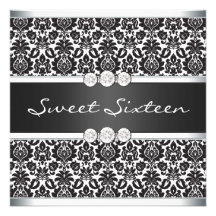 Black White Damask Sweet 16 Party Invite