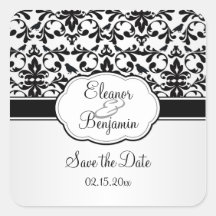Black white damask swirls, birds Save the Date Stickers