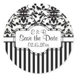 Black white Damask swirls, stripes Save the Date Round Stickers
