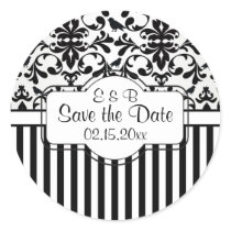 Black white Damask swirls, stripes Save the Date Round Stickers